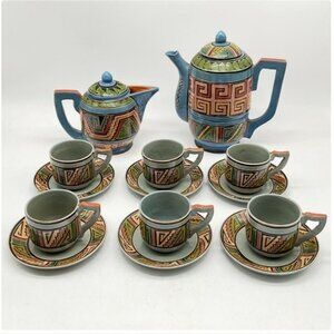 Mid-Century Hand-Painted Mexican Tlaquepaque Pottery Coffee & Tea Set 6 Cups